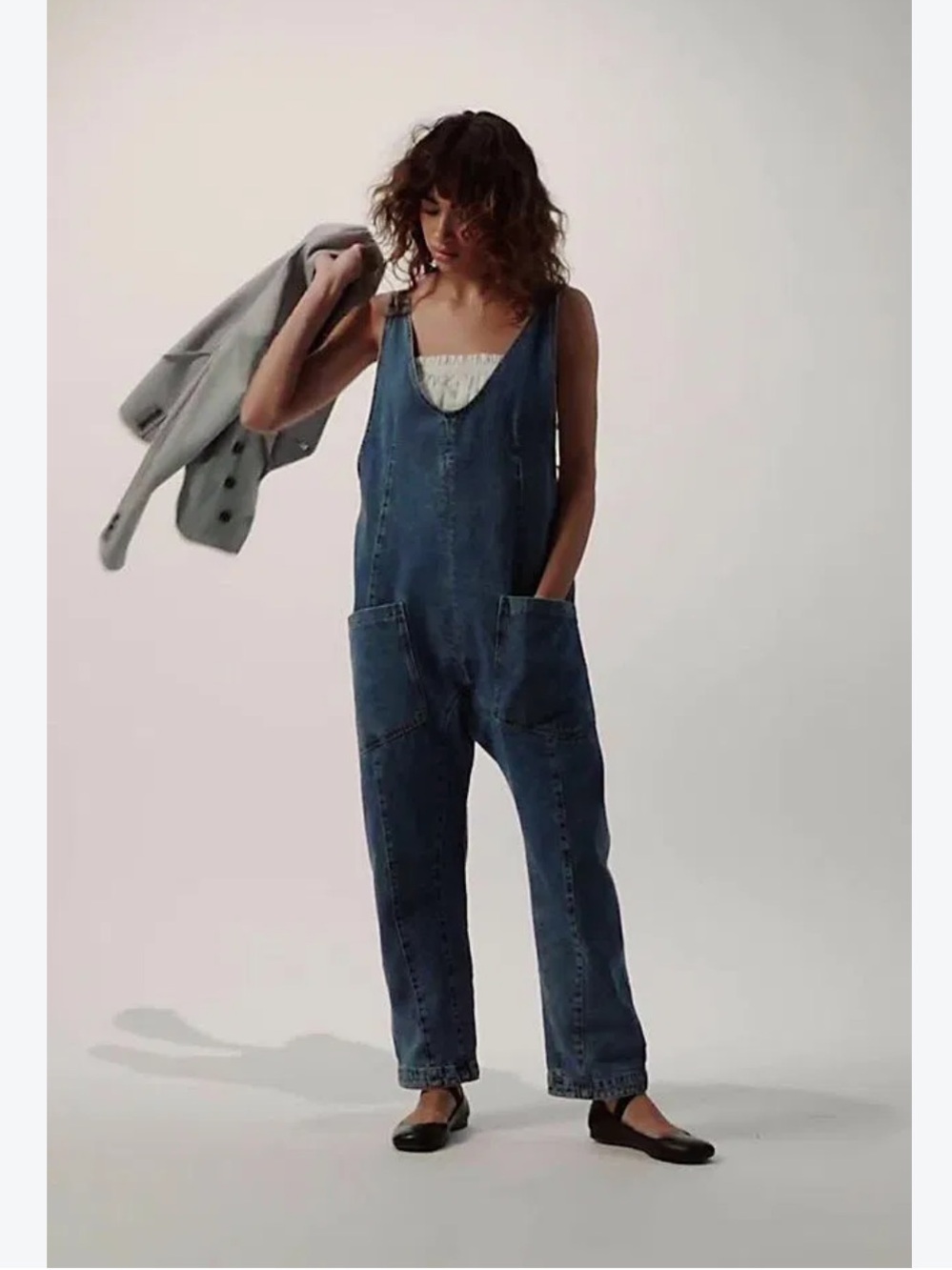 Denim Overall Jumpsuit Blue Oversized Small High Roller Pockets Loose Relaxed